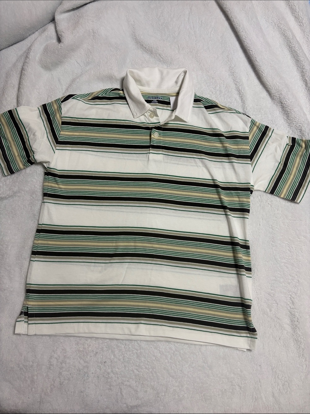 Boy’s Old Navy White Polo with Green and Black Stripes Size 8